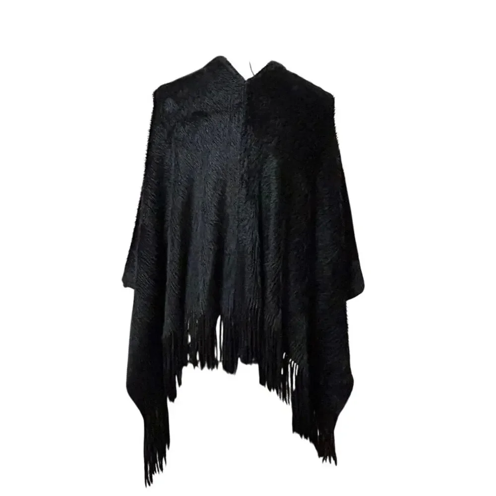Poncho Cape Shawl Wrap Black Faux Fur Fringe One Size Soft Boho Festival